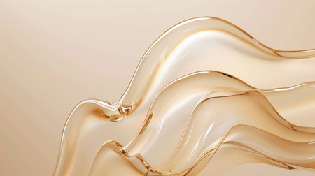 Smooth wavy transparent liquid texture on pastel beige background. Beauty product banner, serum, cream or moisturizerの素材