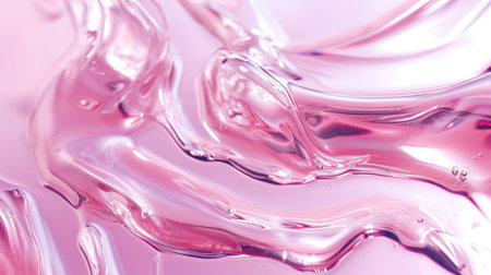 Smooth wavy transparent liquid texture on pastel pink background. Beauty product banner, serum, cream or moisturizerの素材