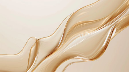 Smooth wavy transparent liquid texture on pastel beige background. Beauty product banner, serum, cream or moisturizerの素材