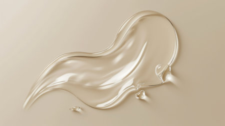 Smooth wavy transparent liquid texture on pastel beige background. Beauty product banner, serum, cream or moisturizerの素材
