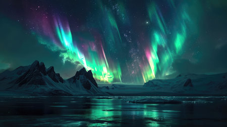 Beautiful night sky with colorful northern lights. Polar aurora, natural effectの素材