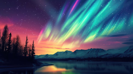 Beautiful night sky with colorful northern lights. Polar aurora, natural effectの素材
