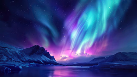 Beautiful night sky with colorful northern lights. Polar aurora, natural effectの素材