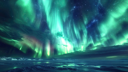 Beautiful night sky with colorful northern lights. Polar aurora, natural effectの素材