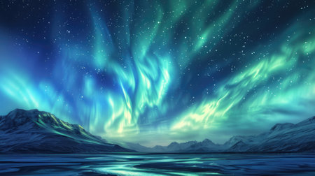 Beautiful night sky with colorful northern lights. Polar aurora, natural effectの素材