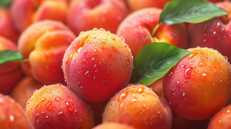 Fresh peach fruits on the table. Healthy food background with free place for textの素材