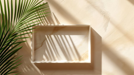 Mock up with rectangle stone frame and natural soft shadow from palm leaves for product presentation or showcase on beige textured backgroundの素材