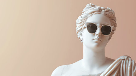 Cool ancient Greek or Roman white statue of woman wearing sunglasses on pastel background with a free place for text. Contemporary art and fashionの素材