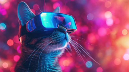 Cat wearing Virtual reality headset. VR, metaverse worlds, modern technologies, gadget for online gamesの素材
