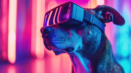 Dog wearing Virtual reality headset. VR, metaverse worlds, modern technologies, gadget for online gamesの素材