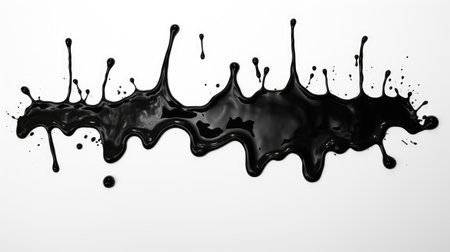 Black spilled flying fluid isolated on white background. Petroleum liquid conceptの素材