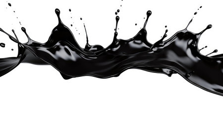 Black spilled flying fluid isolated on white background. Petroleum liquid conceptの素材