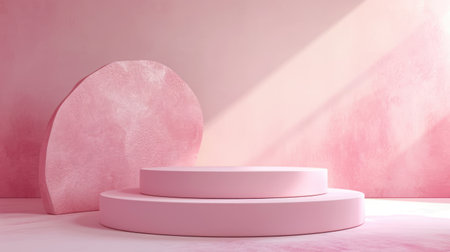 Podium pedestal on pastel soft colored background for product presentation or showcase. Empty minimalistic mockupの素材
