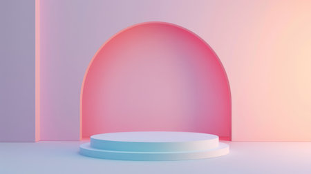 Podium pedestal on pastel soft colored background for product presentation or showcase. Empty minimalistic mockupの素材