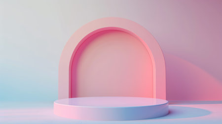 Podium pedestal on pastel soft colored background for product presentation or showcase. Empty minimalistic mockupの素材
