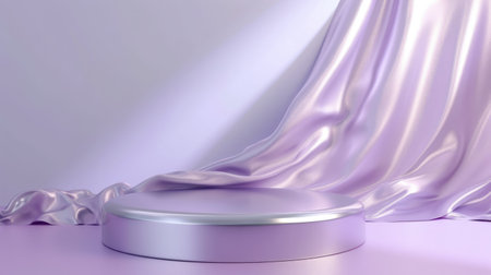Podium pedestal, silky cloth in motion on pastel violet background for product presentation or showcase empty mockupの素材