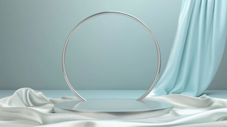Podium pedestal, round silver circle, silky cloth in motion on pastel blue background for product presentation or showcase empty mockupの素材