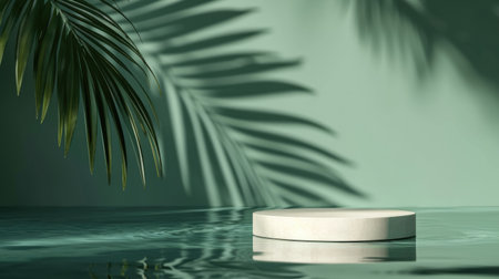 Podium pedestal standing in water, shadow made of palm leaf on deep green pastel background for product presentation or showcase empty mockupの素材