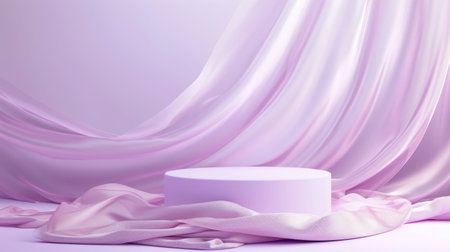 Podium pedestal, silky cloth in motion on pastel violet background for product presentation or showcase empty mockupの素材
