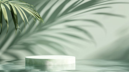 Podium pedestal standing in water, shadow made of palm leaf on deep green pastel background for product presentation or showcase empty mockupの素材
