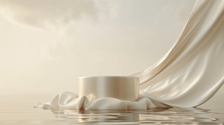 Podium pedestal standing in water, silky cloth in motion and clouds on beige background for product presentation or showcase empty mockupの素材