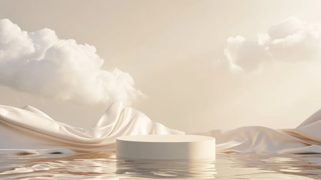 Podium pedestal standing in water, silky cloth in motion and clouds on beige background for product presentation or showcase empty mockupの素材