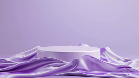 Podium pedestal, silky cloth in motion on pastel violet background for product presentation or showcase empty mockupの素材