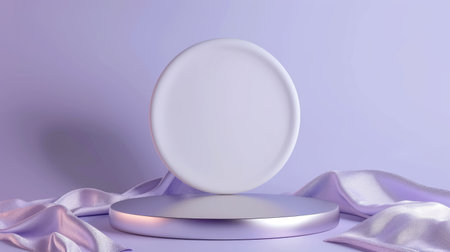 Podium pedestal, silky cloth in motion on pastel violet background for product presentation or showcase empty mockupの素材