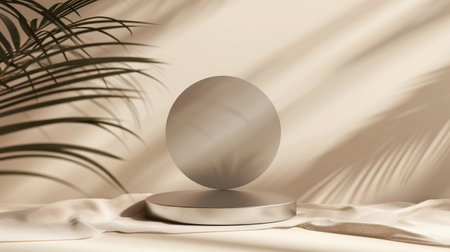 Podium pedestal with soft shadow from palm leaves, silky cloth on beige background for product presentation or empty mockupの素材
