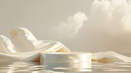 Podium pedestal standing in water, silky cloth in motion and clouds on beige background for product presentation or showcase empty mockupの素材