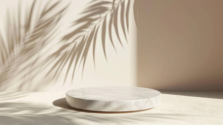 Mock up with round podium stone textured pedestal with natural soft shadow from palm leaves on beige background for product presentation or showcaseの素材