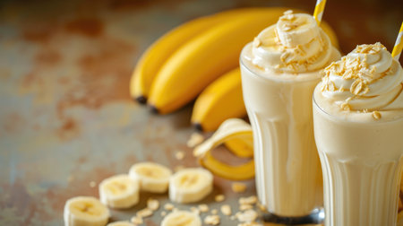 Banana glass smoothie milkshake background with bananas and free space for textの素材