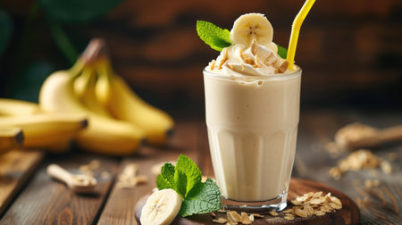 Banana glass smoothie milkshake background with bananasの素材