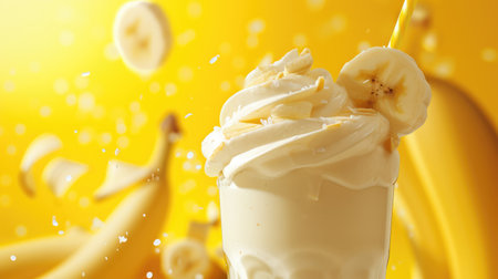 Banana glass smoothie milkshake background with bananas and free space for textの素材