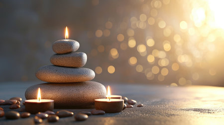 Spa background with balance rocks, candles. Relaxation, massage, beauty, meditation, feng shui concept banner with place for textの素材