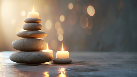 Spa background with balance rocks, candles. Relaxation, massage, beauty, meditation, feng shui concept banner with place for textの素材