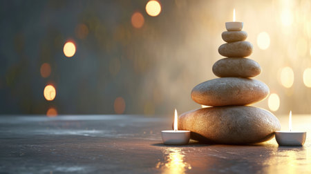 Spa background with balance rocks, candles. Relaxation, massage, beauty, meditation, feng shui concept banner with place for textの素材