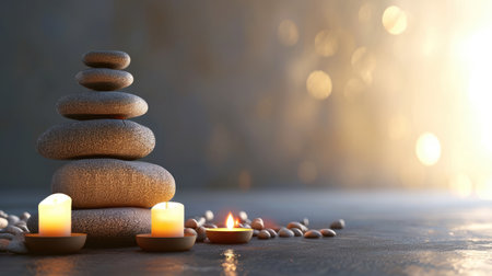 Spa background with balance rocks, candles. Relaxation, massage, beauty, meditation, feng shui concept banner with place for textの素材