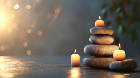 Spa background with balance rocks, candles. Relaxation, massage, beauty, meditation, feng shui concept banner with place for textの素材