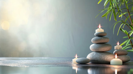 Spa background with balance rocks, candles. Relaxation, massage, beauty, meditation, feng shui concept banner with place for textの素材
