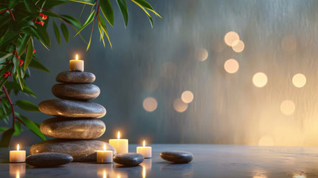 Spa background with balance rocks, candles. Relaxation, massage, beauty, meditation, feng shui concept banner with place for textの素材