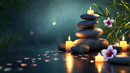 Spa background with balance rocks, candles. Relaxation, massage, beauty, meditation, feng shui concept banner with place for textの素材