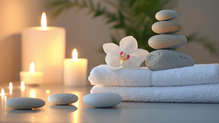 Spa background with balance rocks, candles, towels. Relaxation, massage, beauty, meditation, feng shui concept banner with place for textの素材