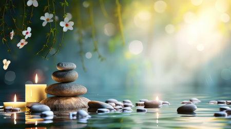 Spa background with balance rocks, candles. Relaxation, massage, beauty, meditation, feng shui concept banner with place for textの素材
