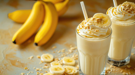 Banana glass smoothie milkshake background with bananas and free space for textの素材