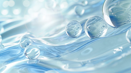 Hyaluronic acid molecules background. Water with bubbles, moisturizer, liquid, serum or toner banner. Hyaluron acids in chemical laboratory, beauty and cosmeticsの素材