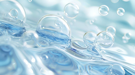 Hyaluronic acid molecules background. Water with bubbles, moisturizer, liquid, serum or toner banner. Hyaluron acids in chemical laboratory, beauty and cosmeticsの素材