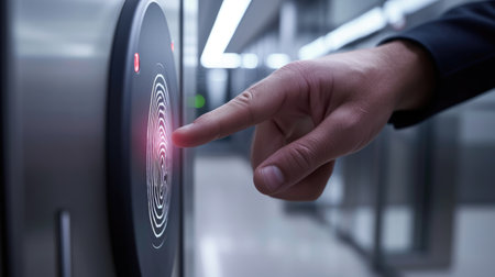 Person's finger makes contact with fingerprint sensor to unlock the door. Biometric modern fingerprint technologyの素材
