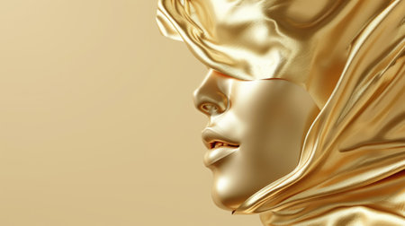 Fashionable aesthetic woman face made of golden metal texture, silky cloth in motion, on beige background with free place for text. Banner for beauty, fashion, makeup or cosmetics productの素材
