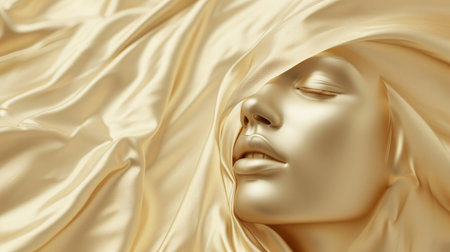 Fashionable aesthetic woman face made of golden metal texture, silky cloth in motion, on beige background with free place for text. Banner for beauty, fashion, makeup or cosmetics productの素材